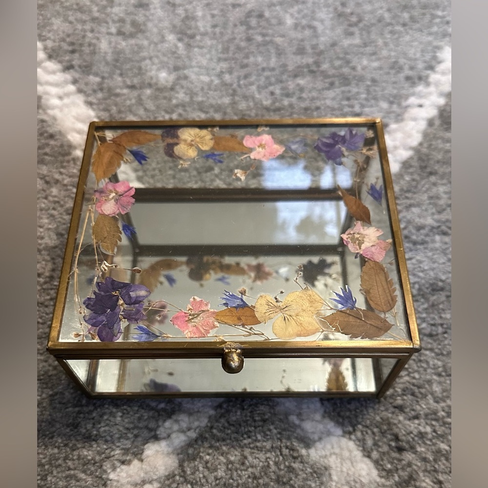 Floral Glass Jewelry Box with Gold Trim
